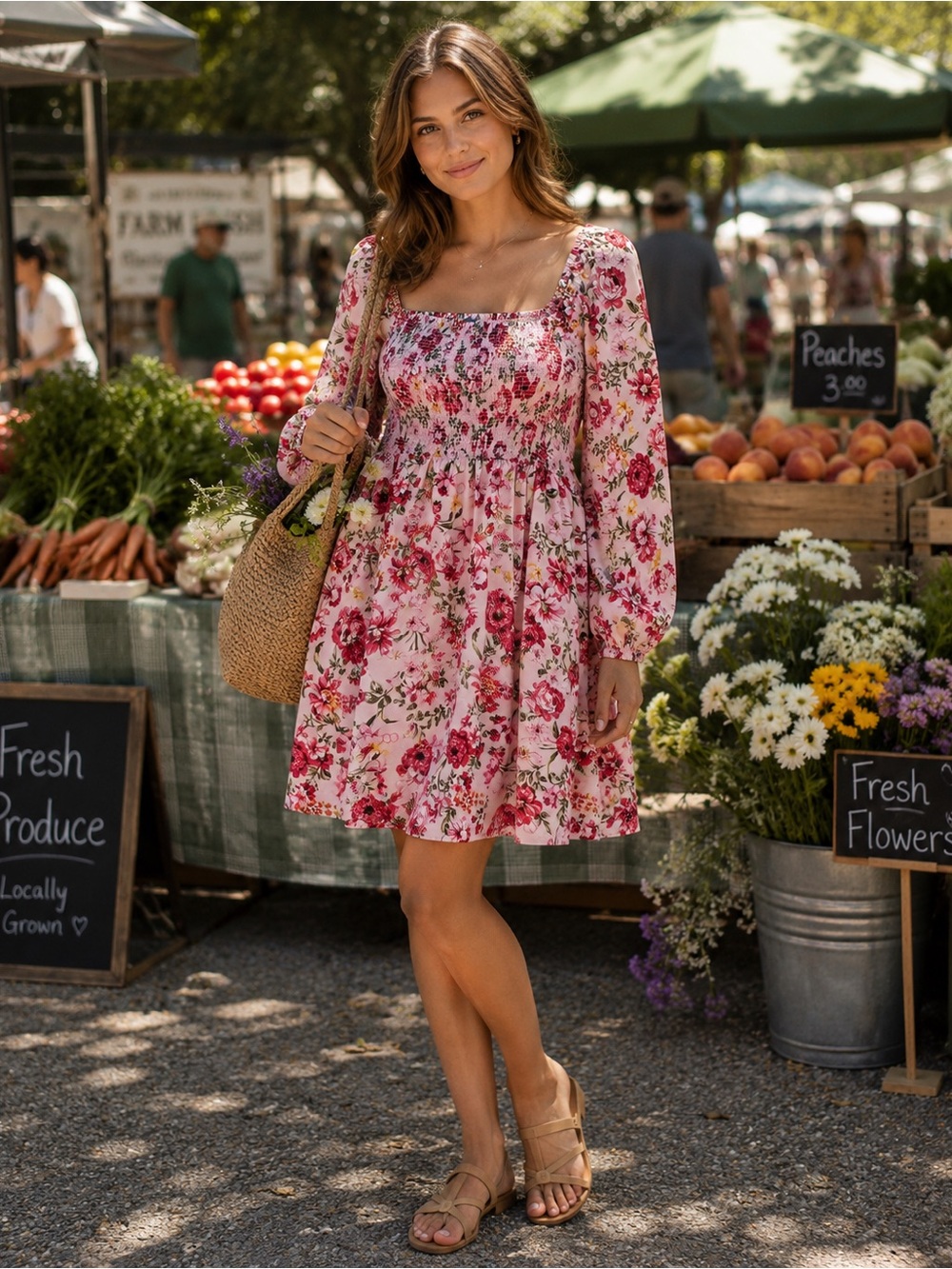 Old Navy Pink and Red Floral Smocked Babydoll Dress, Petite XL